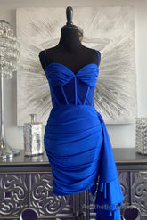 Royal Blue Satin Sheath Cascading Ruffle Homecoming Dress